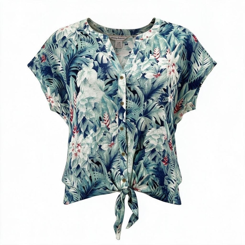 Tommy Bahama Womens L Tropical Floral Tie Front Button Blouse Blue Green Resort